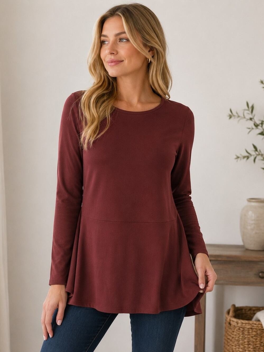 Joan Vass Long Sleeve Peplum Tunic in Burgundy